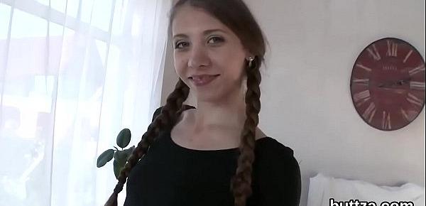 Enchanting semi-nude slender sweetie gets reamed in spread asshole